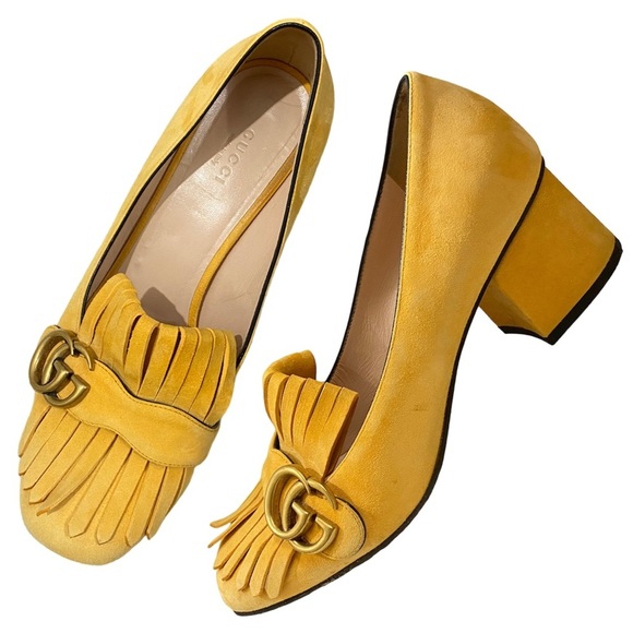 Gucci Shoes - Gucci Yellow Marmont Fringed Suede Mid Heel Loafers Pumps